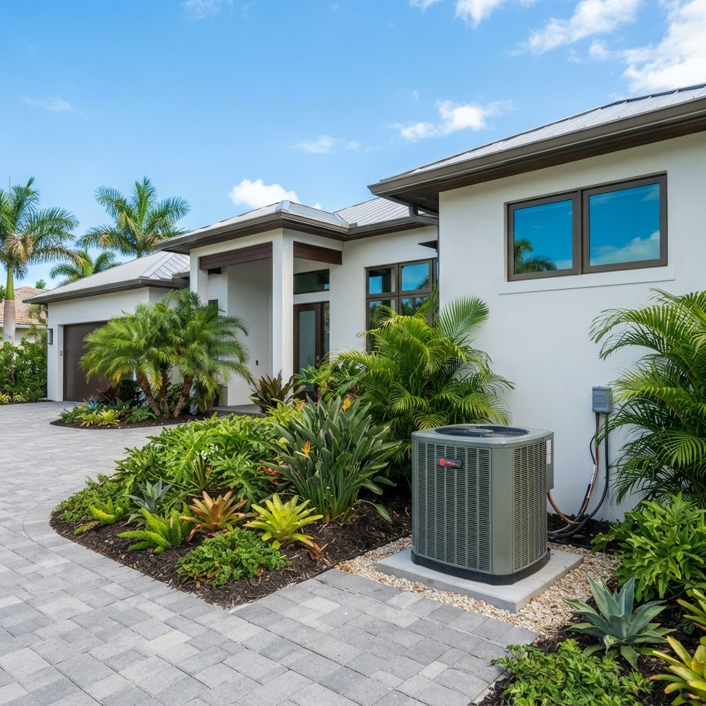 A clean residential outdoor air conditioning condenser unit beside a Florida home